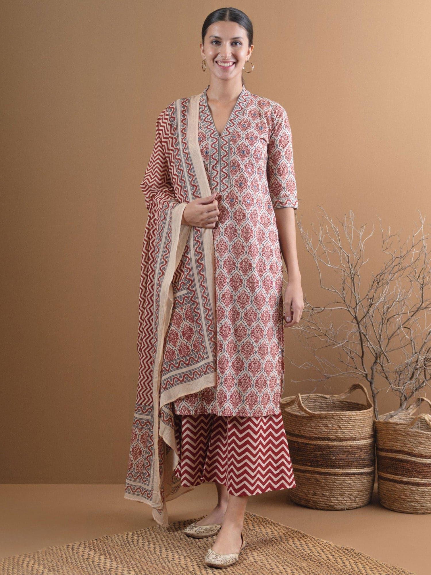 Beige Printed Cotton Suit Set