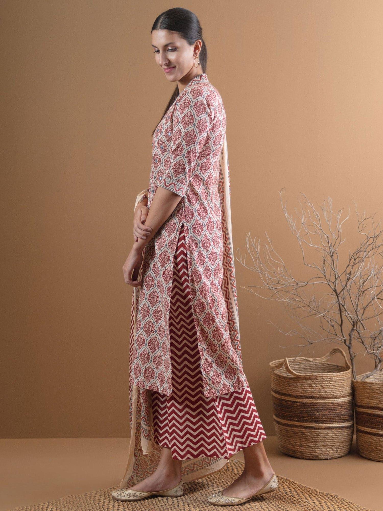 Beige Printed Cotton Suit Set