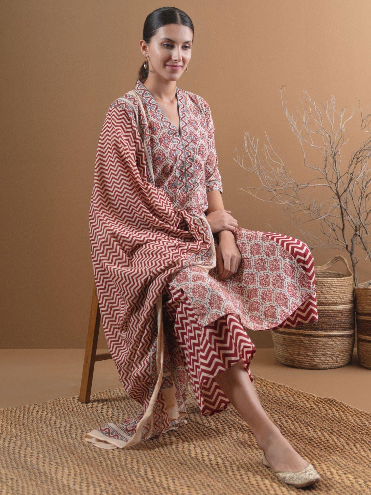 Beige Printed Cotton Suit Set