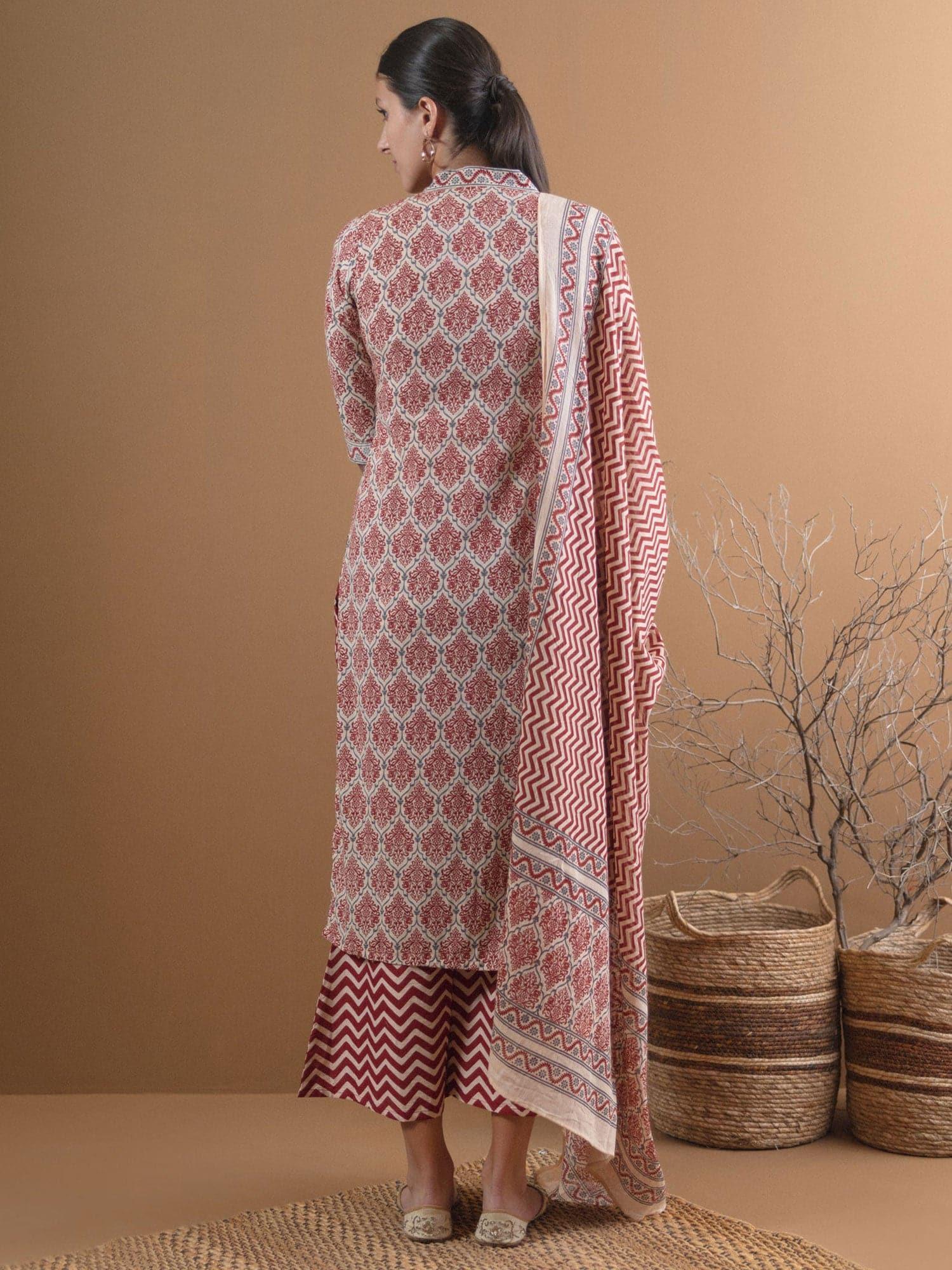 Beige Printed Cotton Suit Set