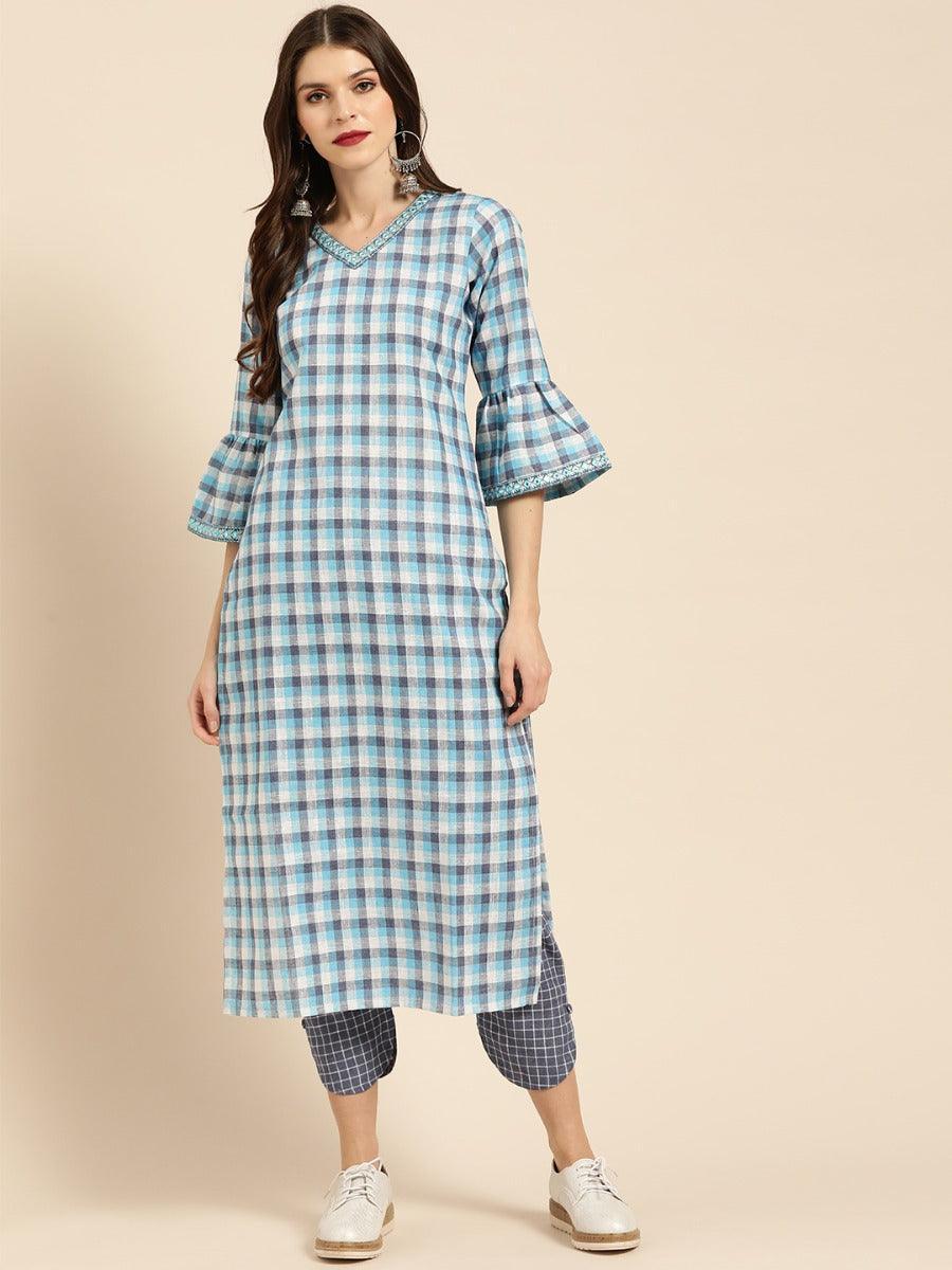 Blue Checkered Cotton Kurta Set