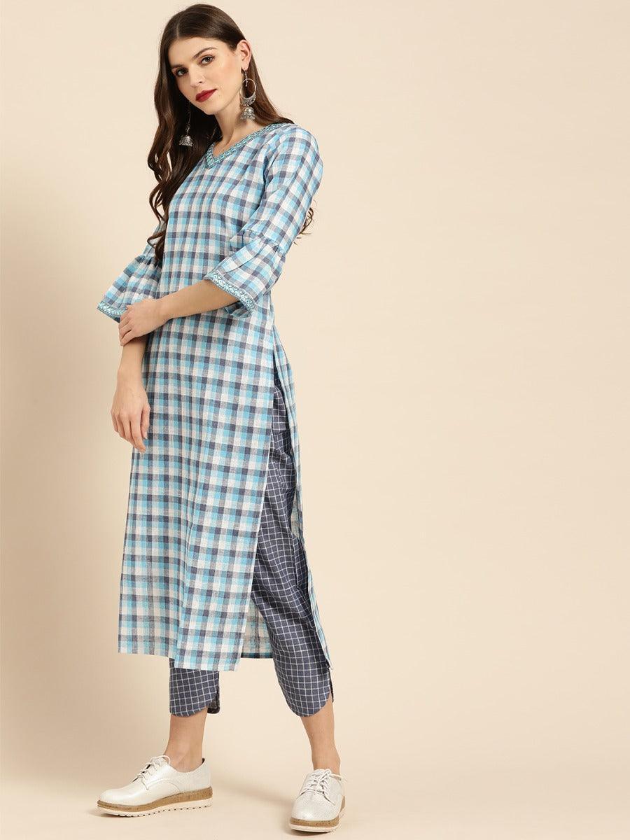 Blue Checkered Cotton Kurta Set