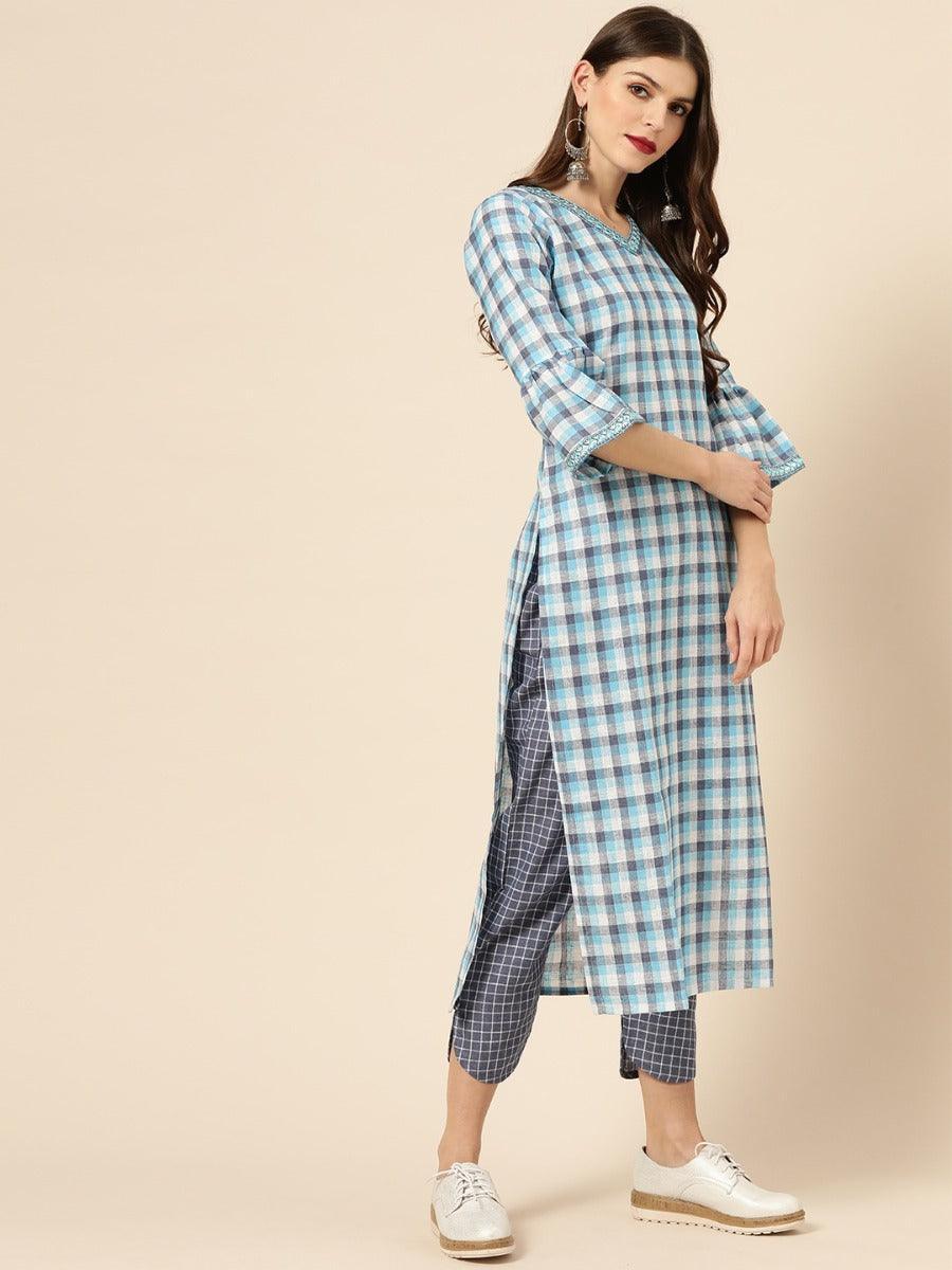 Blue Checkered Cotton Kurta Set