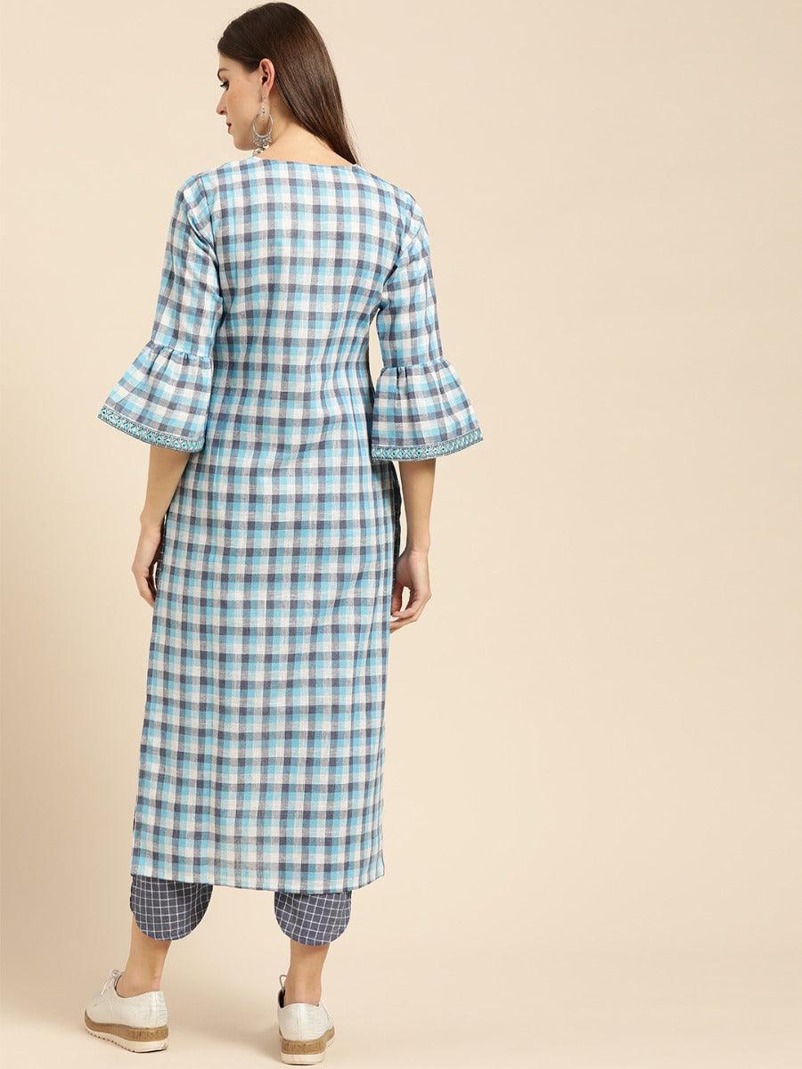 Blue Checkered Cotton Kurta Set