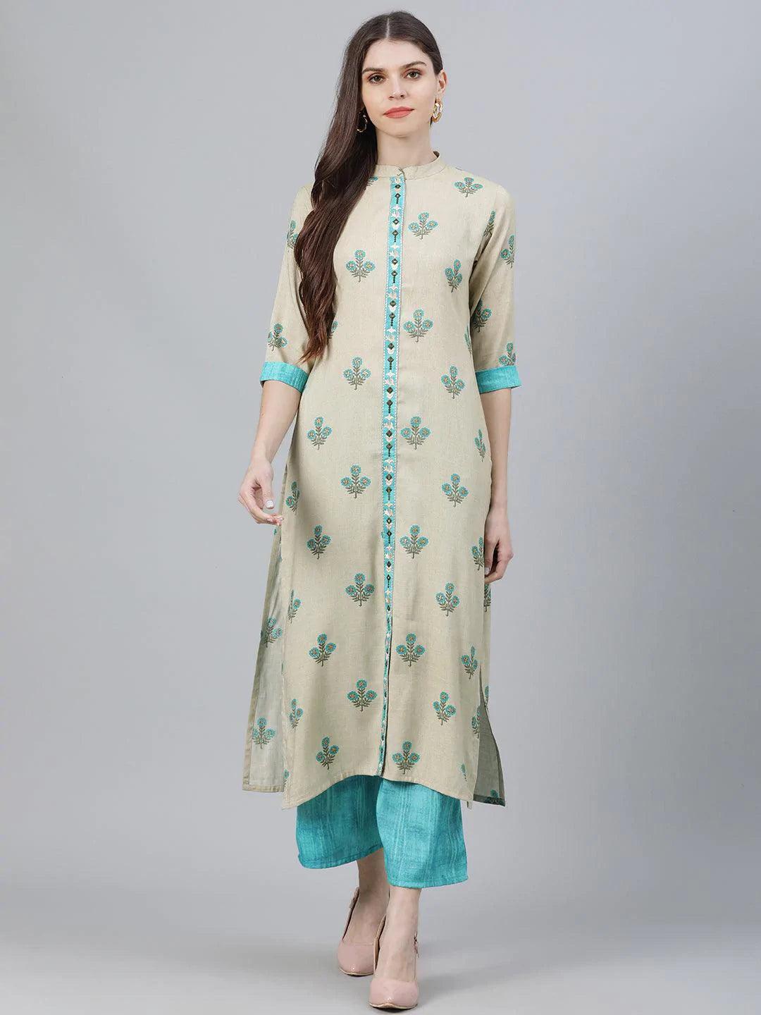 Beige Printed Rayon Kurta Set