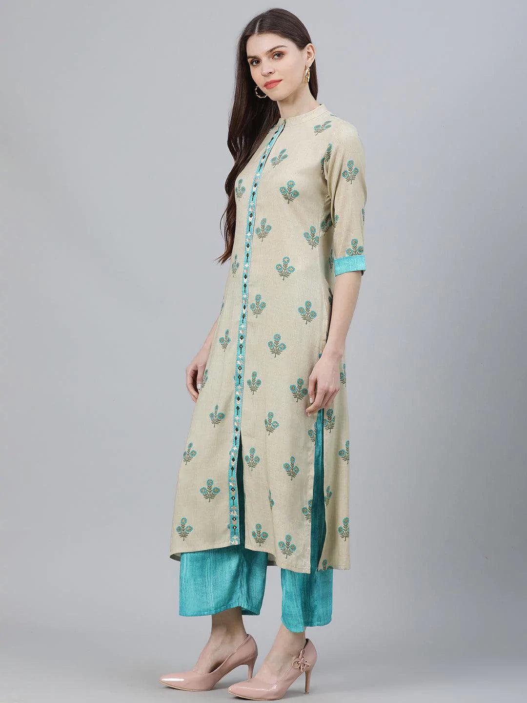 Beige Printed Rayon Kurta Set