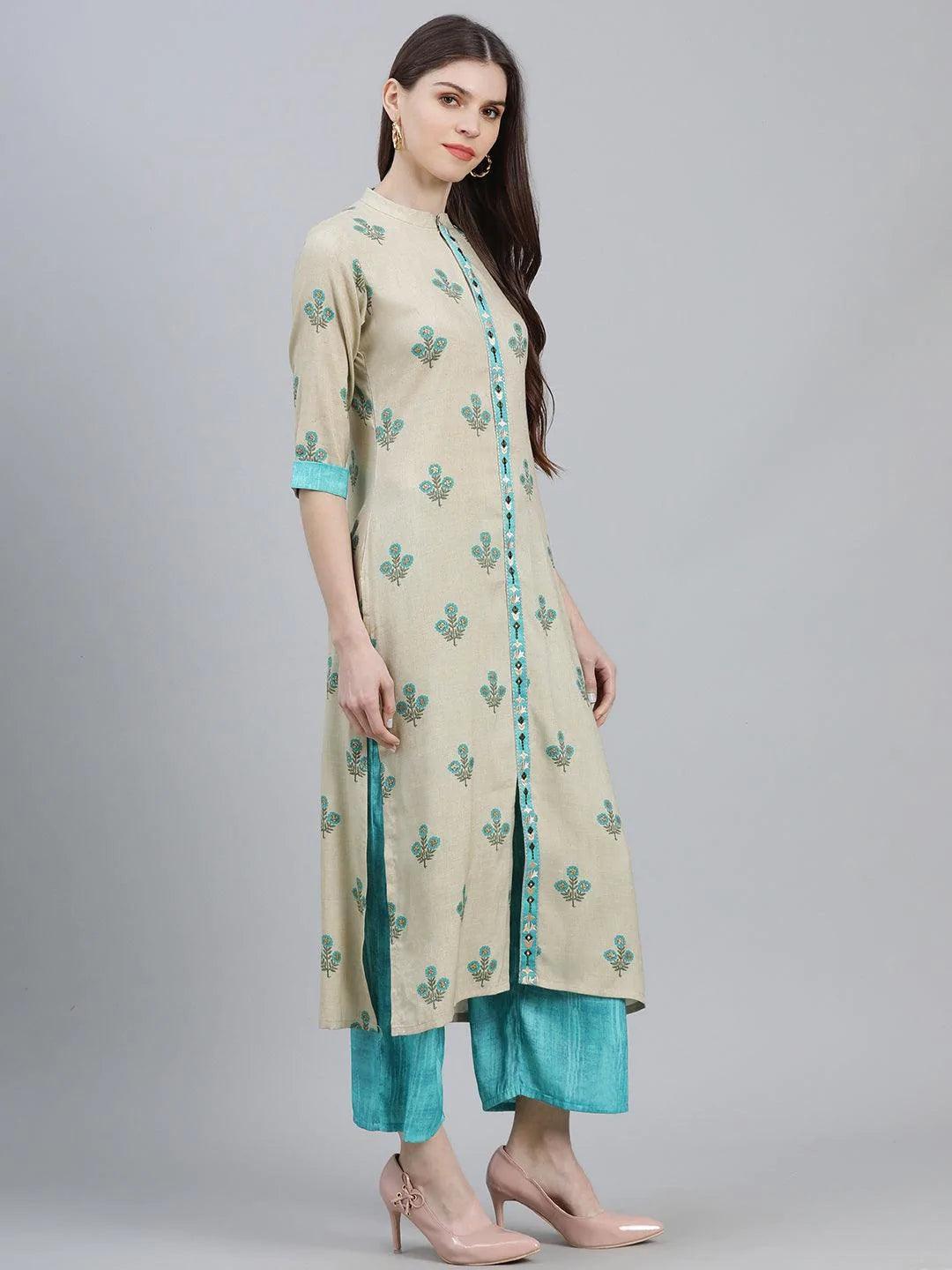 Beige Printed Rayon Kurta Set