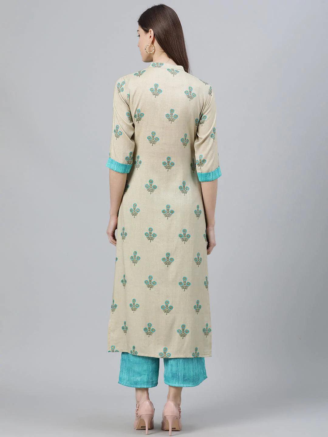 Beige Printed Rayon Kurta Set