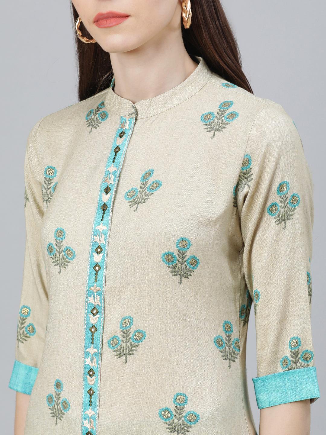 Beige Printed Rayon Kurta Set