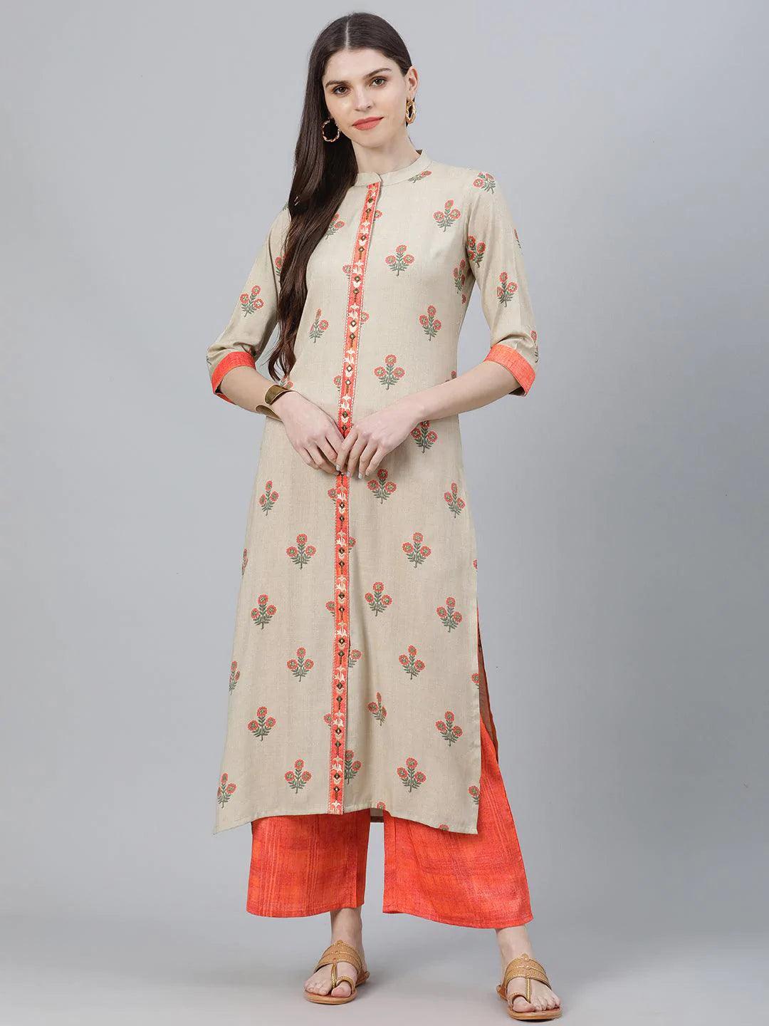 Beige Printed Rayon Kurta Set