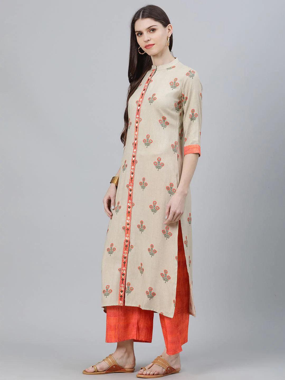 Beige Printed Rayon Kurta Set