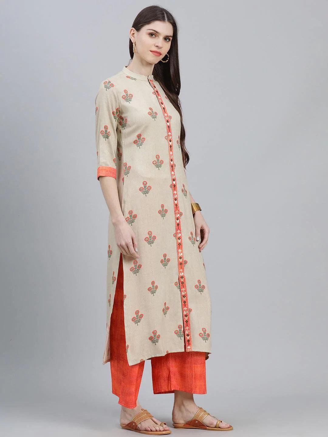 Beige Printed Rayon Kurta Set