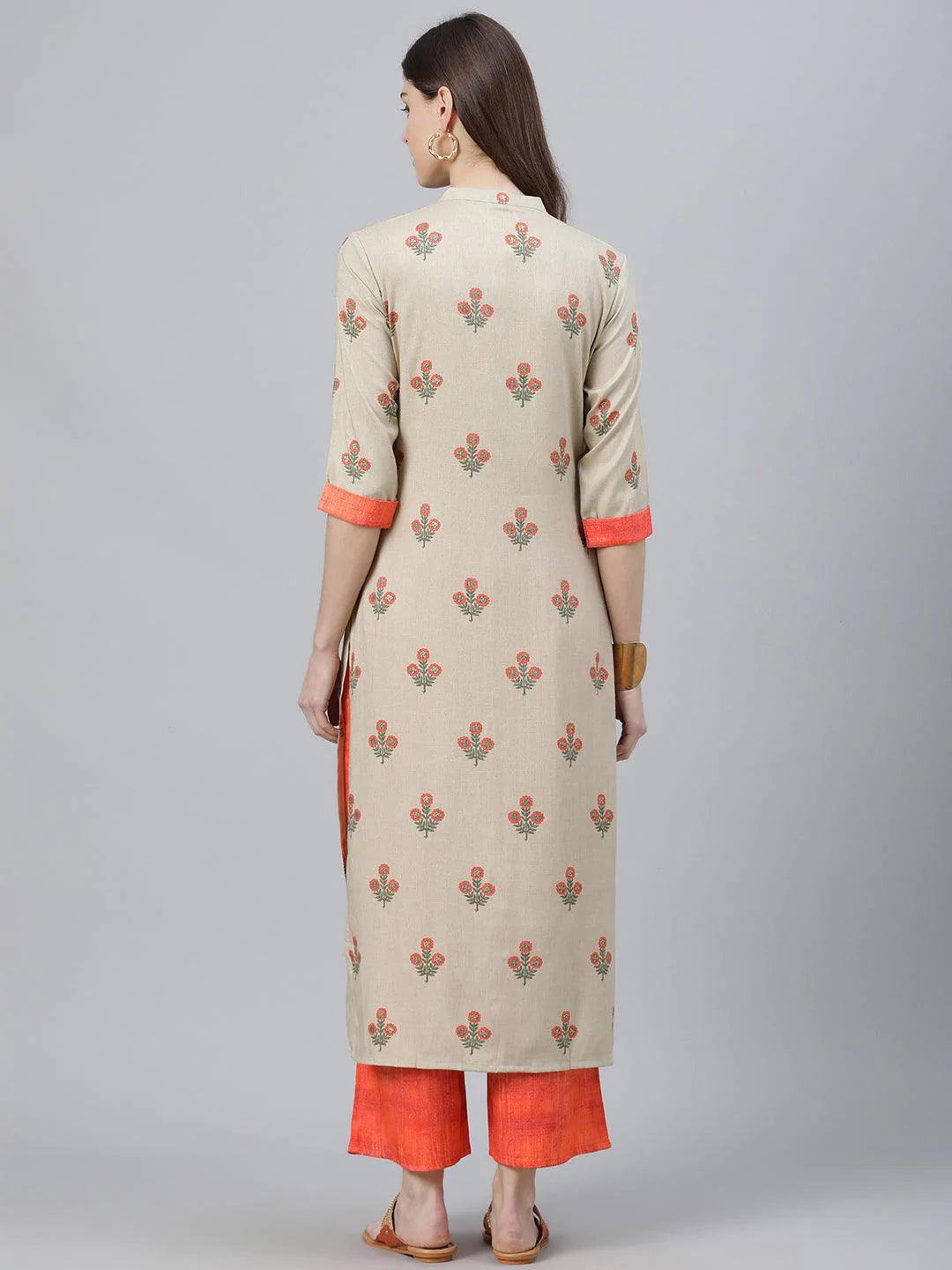 Beige Printed Rayon Kurta Set