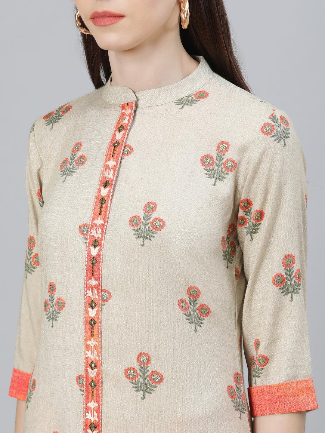 Beige Printed Rayon Kurta Set