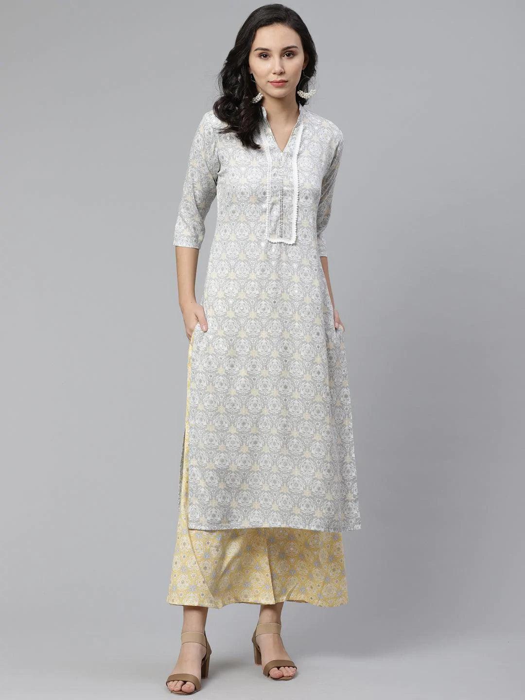 Grey Printed Rayon Kurta Set