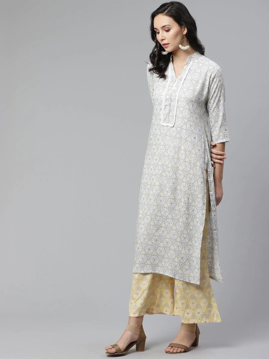 Grey Printed Rayon Kurta Set