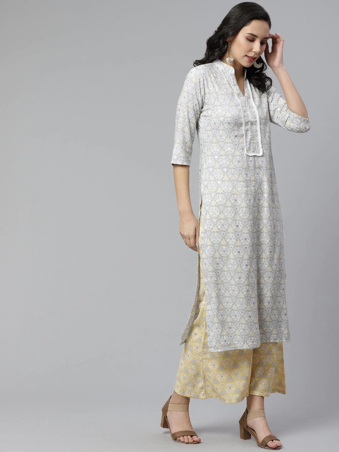 Grey Printed Rayon Kurta Set