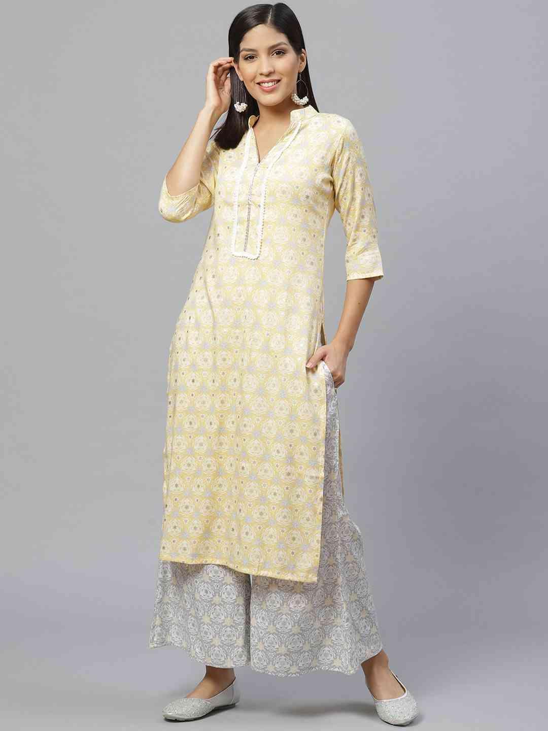 Yellow Printed Rayon Kurta Set