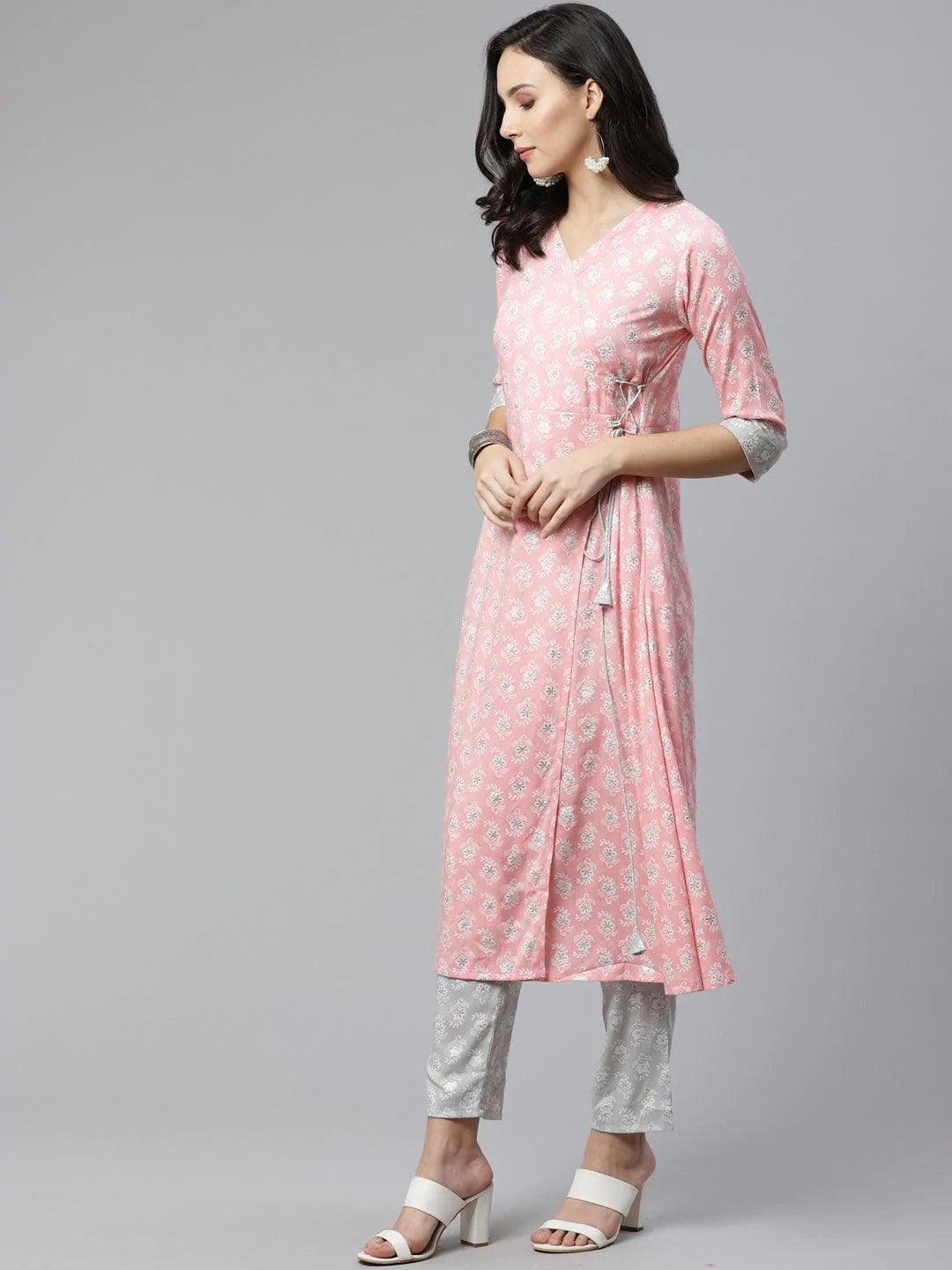 Pink Printed Rayon Kurta Set