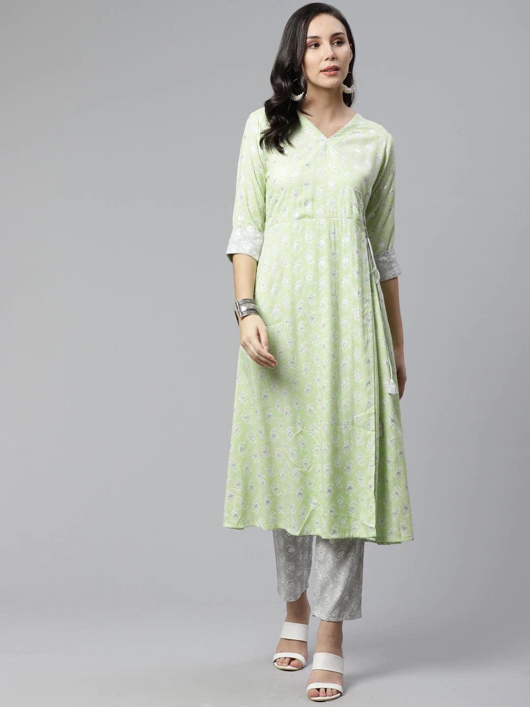 Green Printed Rayon Kurta Set