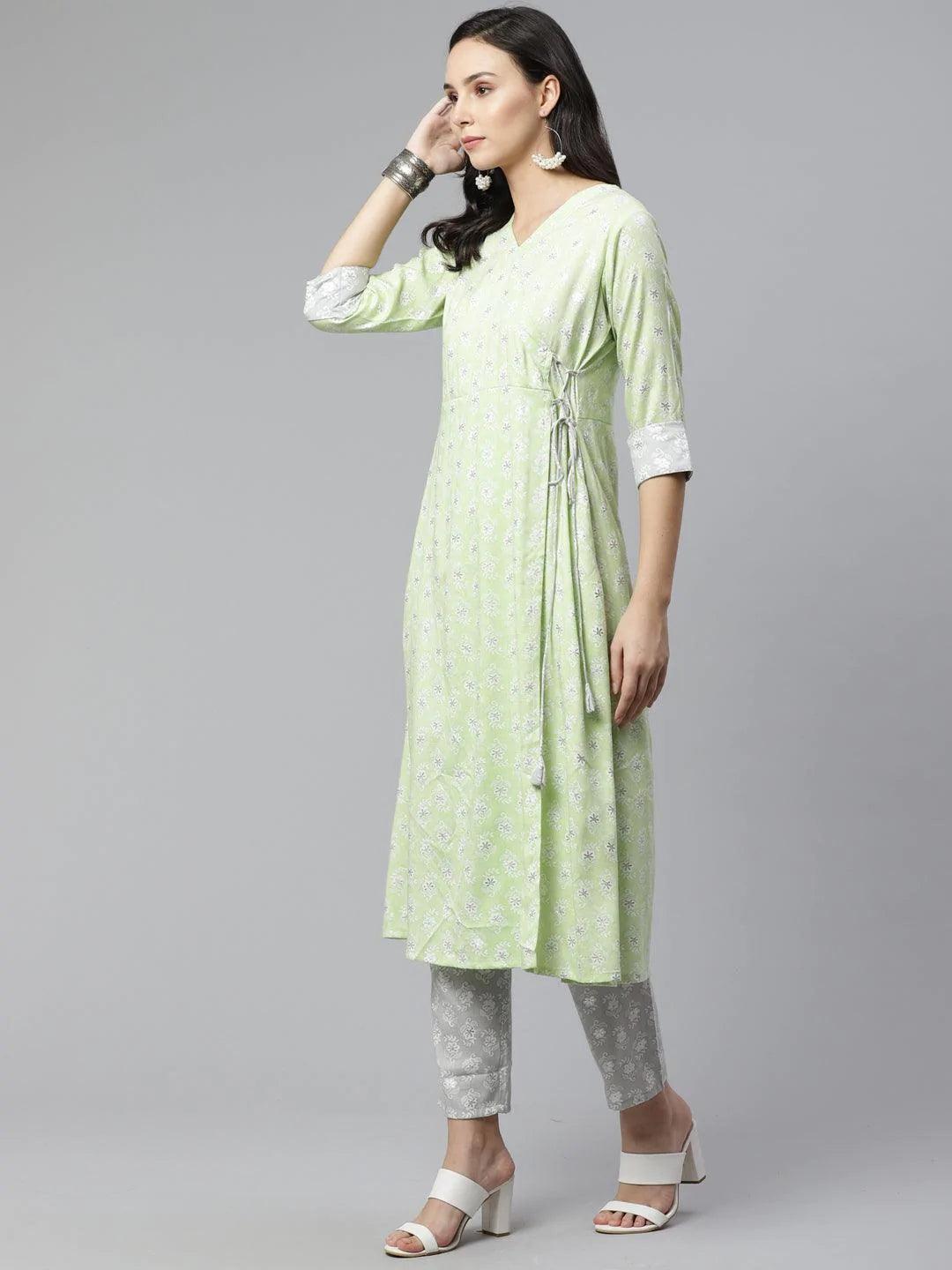 Green Printed Rayon Kurta Set