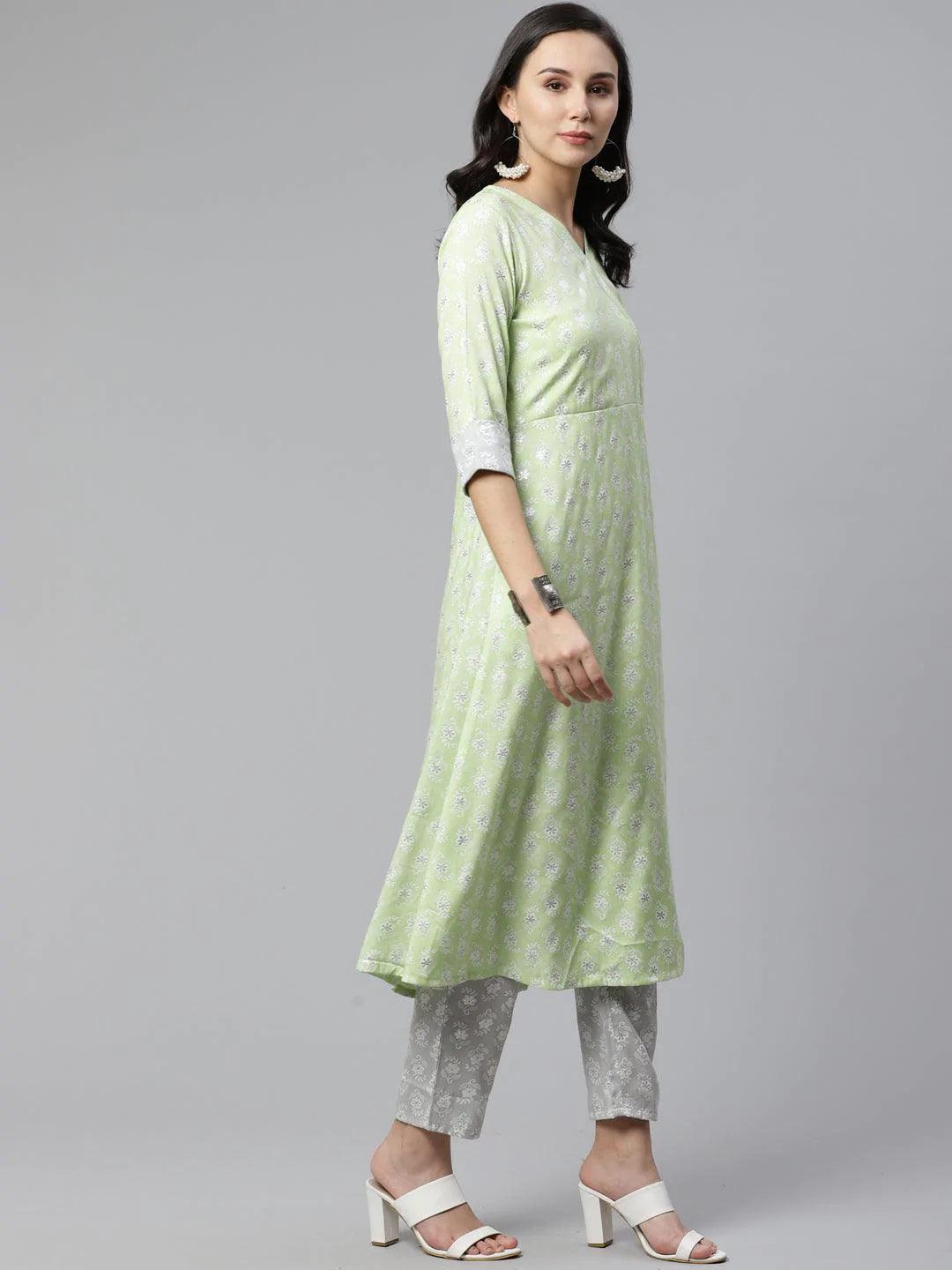 Green Printed Rayon Kurta Set