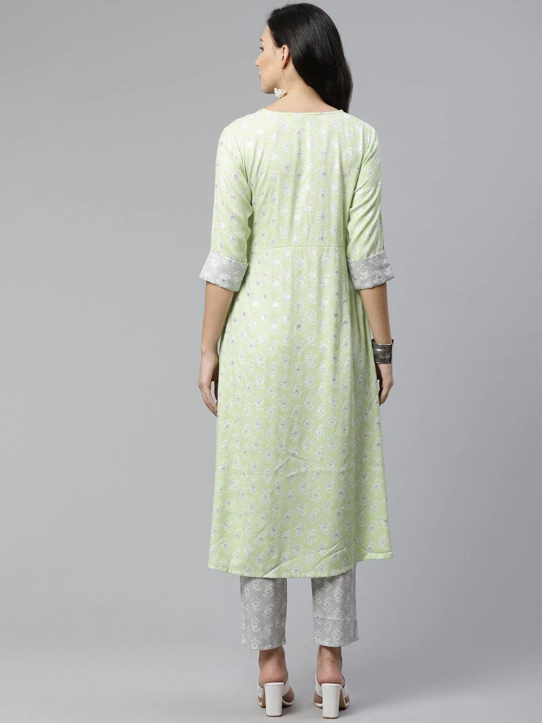 Green Printed Rayon Kurta Set