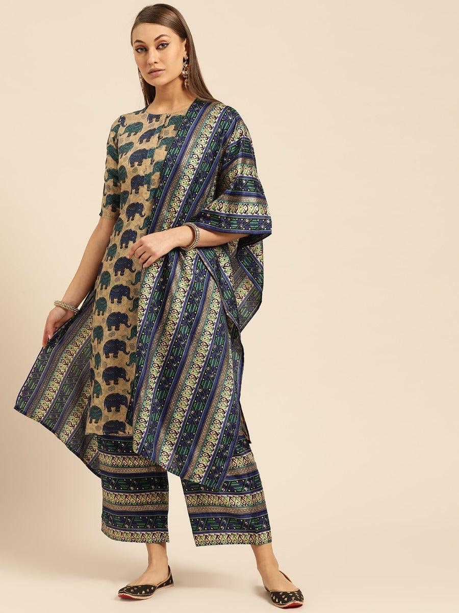 Blue Self Design Chanderi Suit Set - ShopLibas