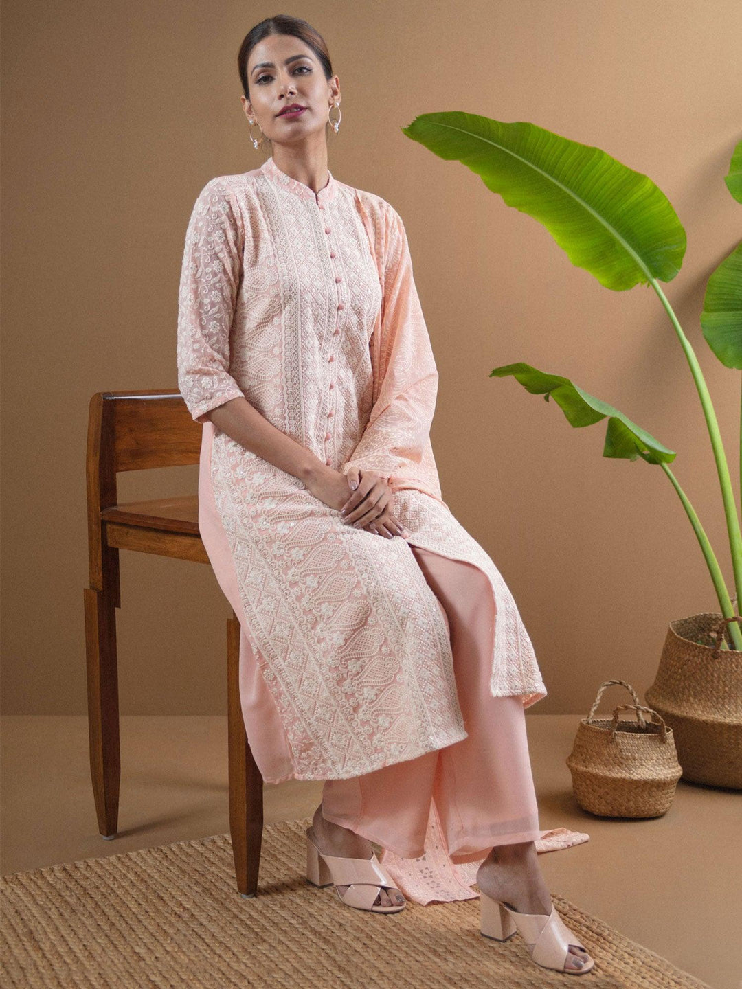 ANAYA Pink Embroidered Georgette Suit Set - ShopLibas