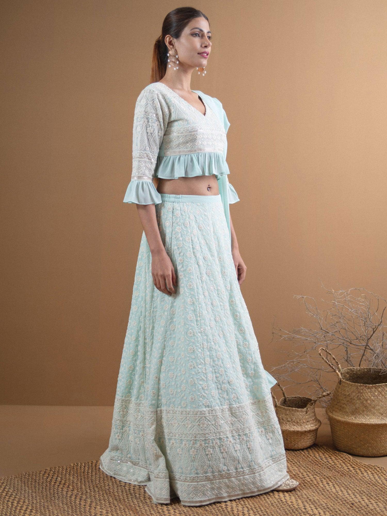 SIARA Blue Schiffli Georgette Lehenga Set