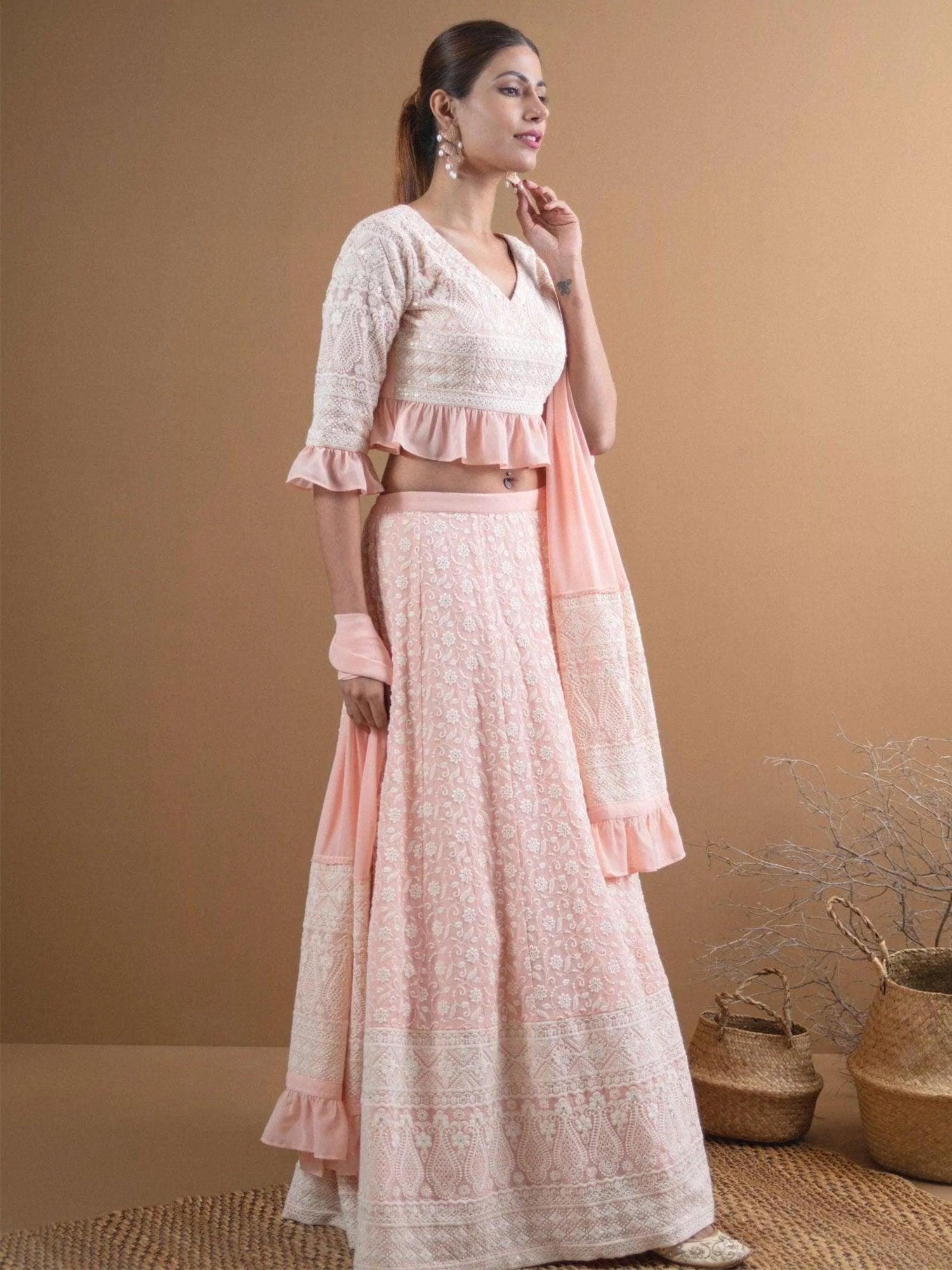 SIARA Pink Schiffli Georgette Lehenga Set