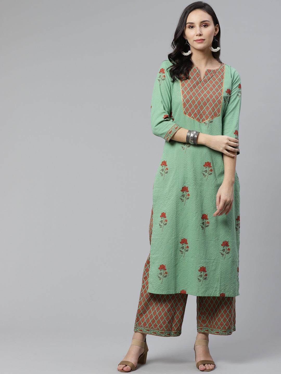 Green Printed Cotton Kurta Set