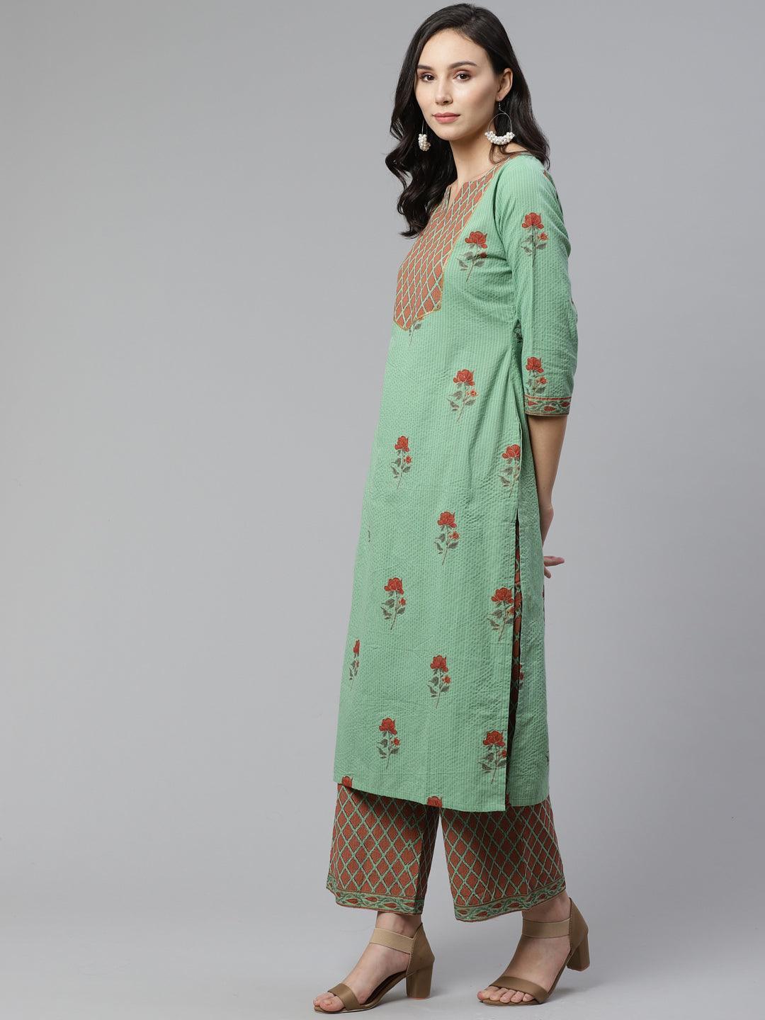 Green Printed Cotton Kurta Set