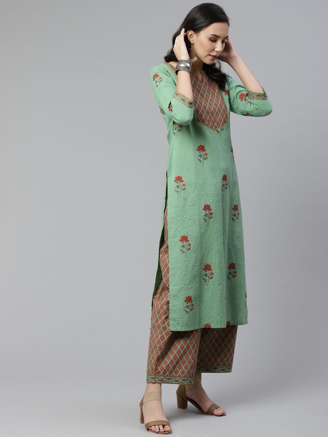 Green Printed Cotton Kurta Set