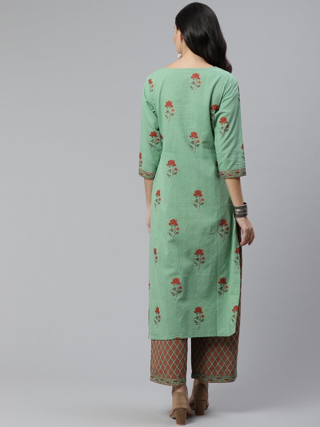 Green Printed Cotton Kurta Set