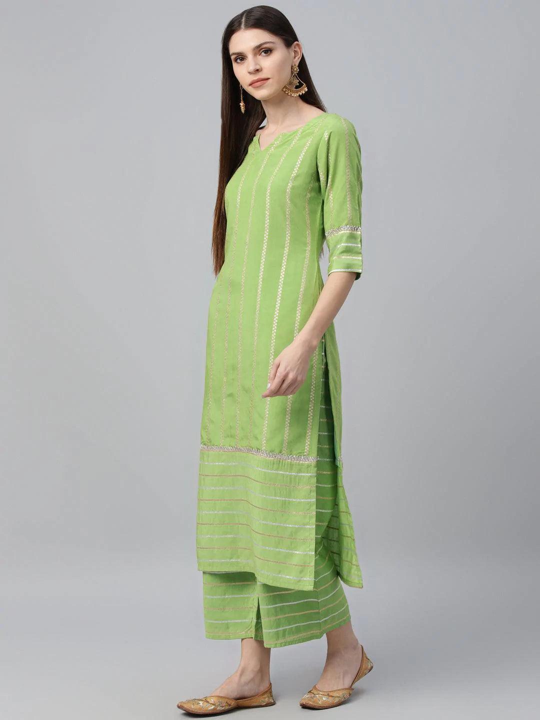 Green Striped Chanderi Suit Set - ShopLibas