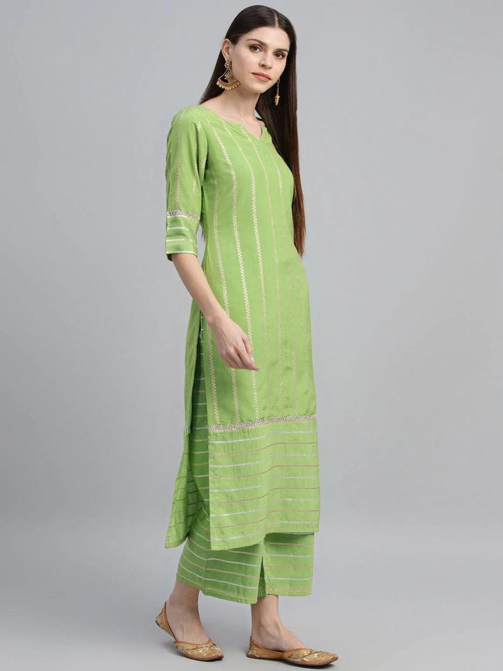 Green Striped Chanderi Suit Set - ShopLibas