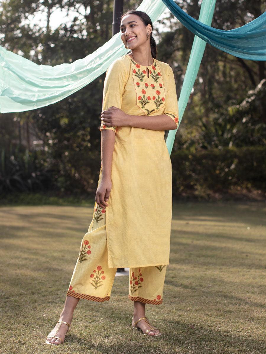 Yellow Embroidered Cotton Kurta Set