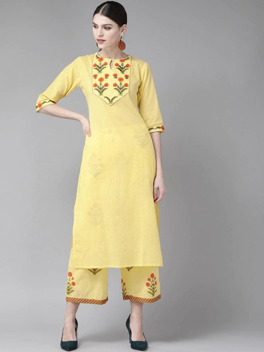 Yellow Embroidered Cotton Kurta Set