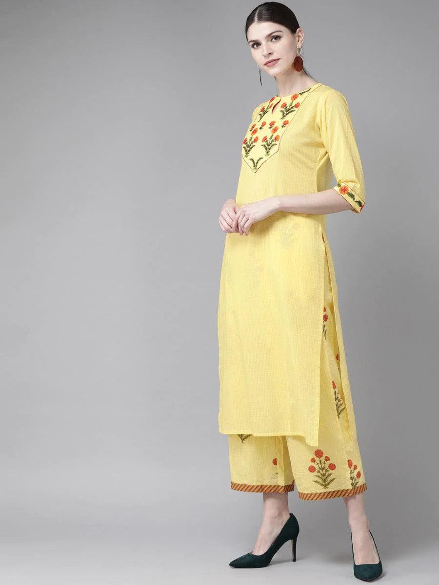 Yellow Embroidered Cotton Kurta Set