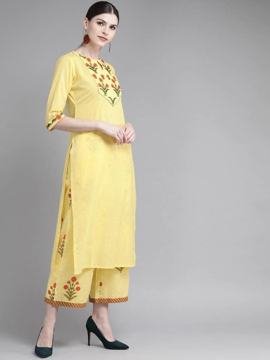 Yellow Embroidered Cotton Kurta Set