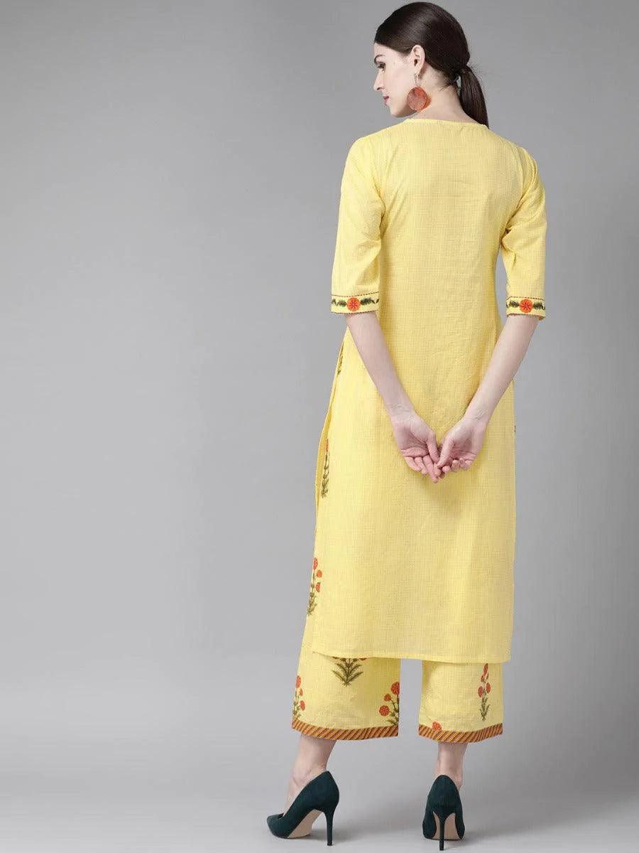 Yellow Embroidered Cotton Kurta Set