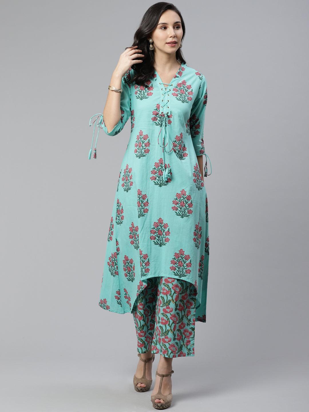 Blue Printed Cotton Kurta Set