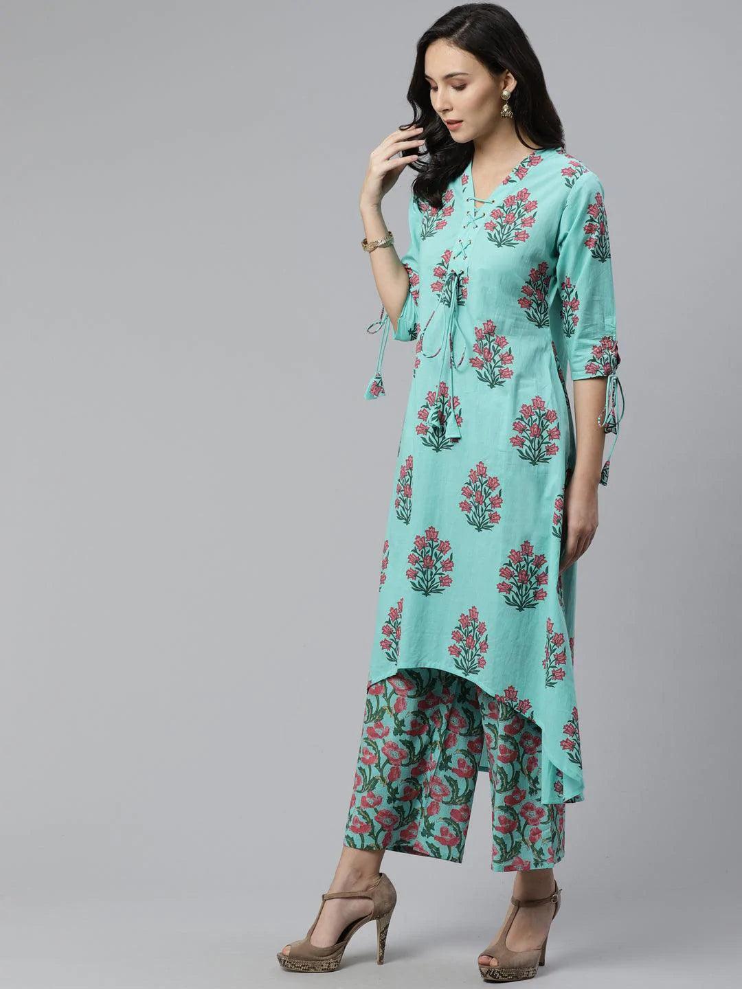 Blue Printed Cotton Kurta Set