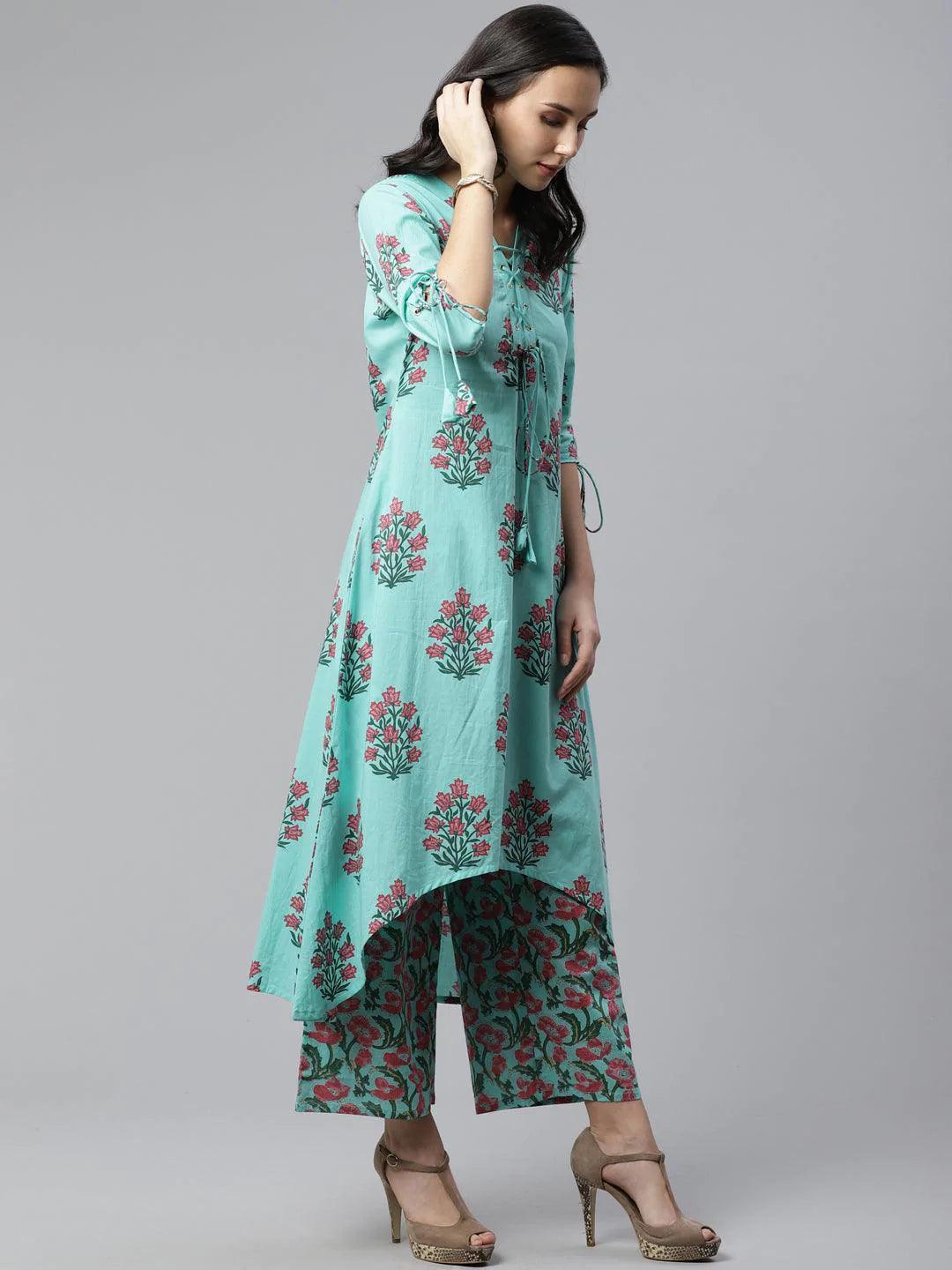 Blue Printed Cotton Kurta Set