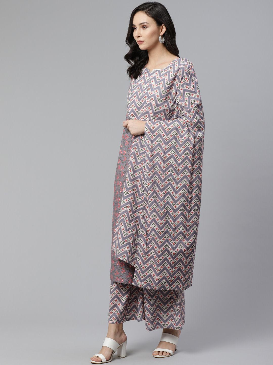 Grey Printed Cotton Suit Set