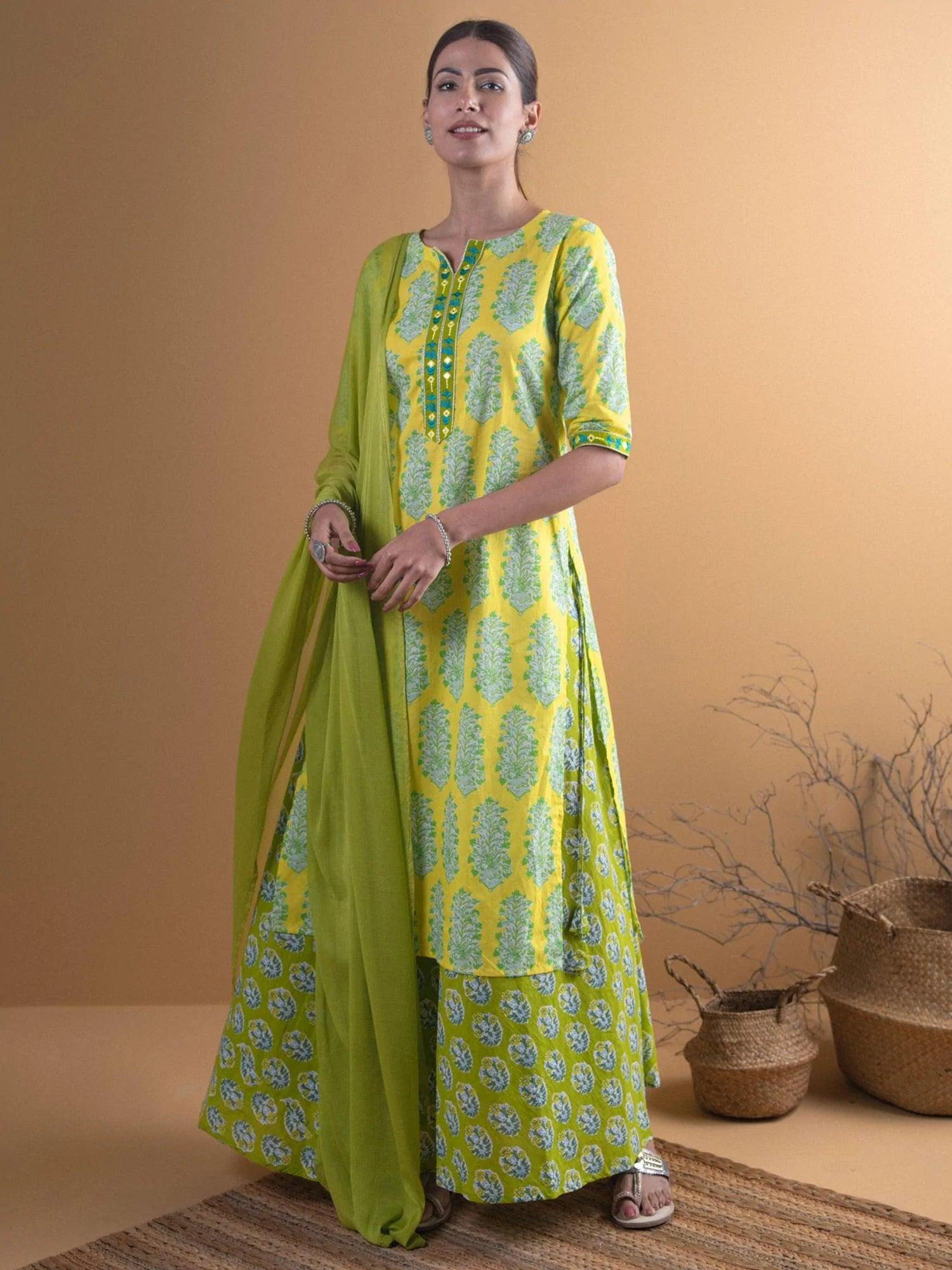 Green Printed Cotton Suit Set