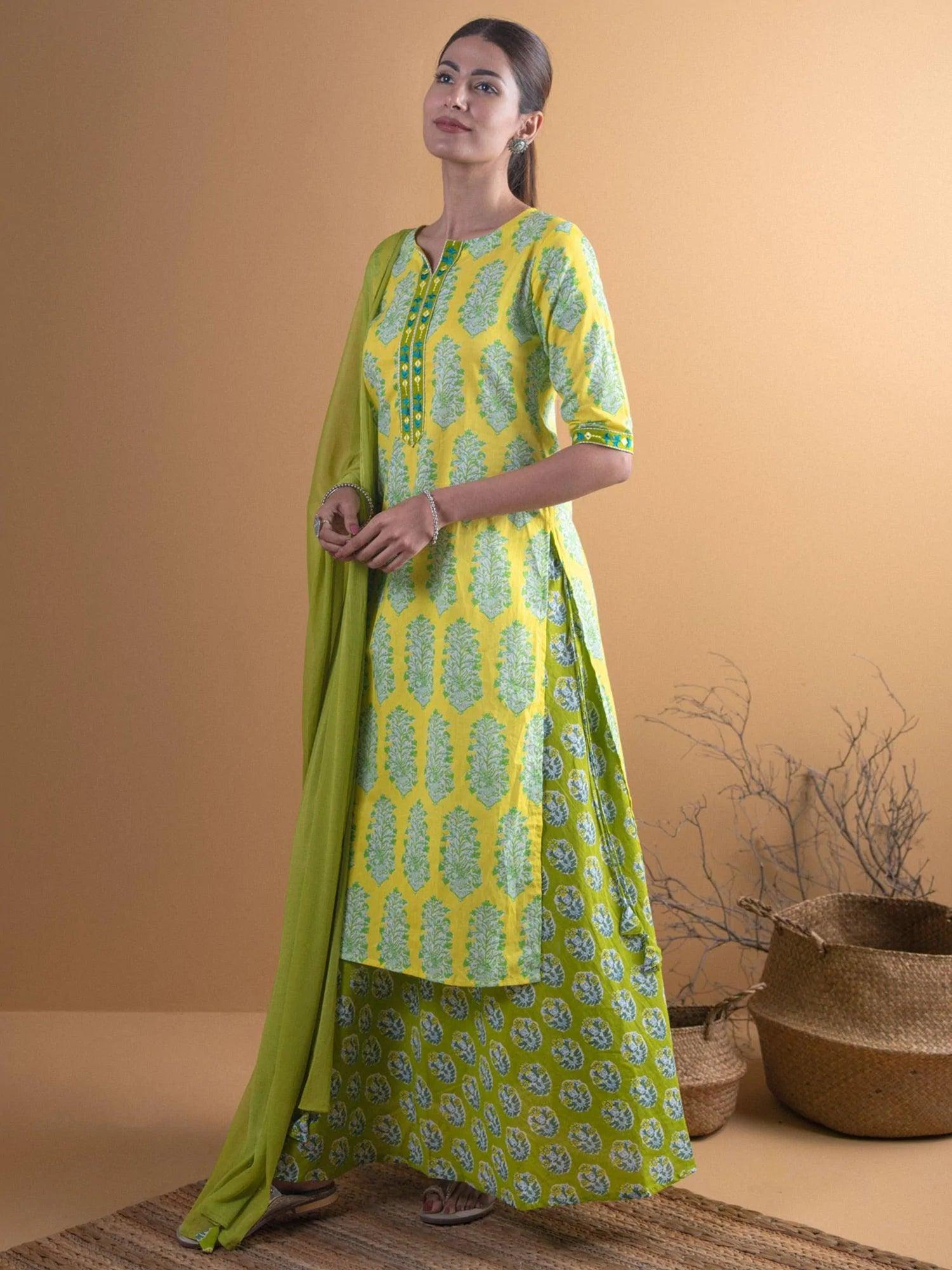 Green Printed Cotton Suit Set