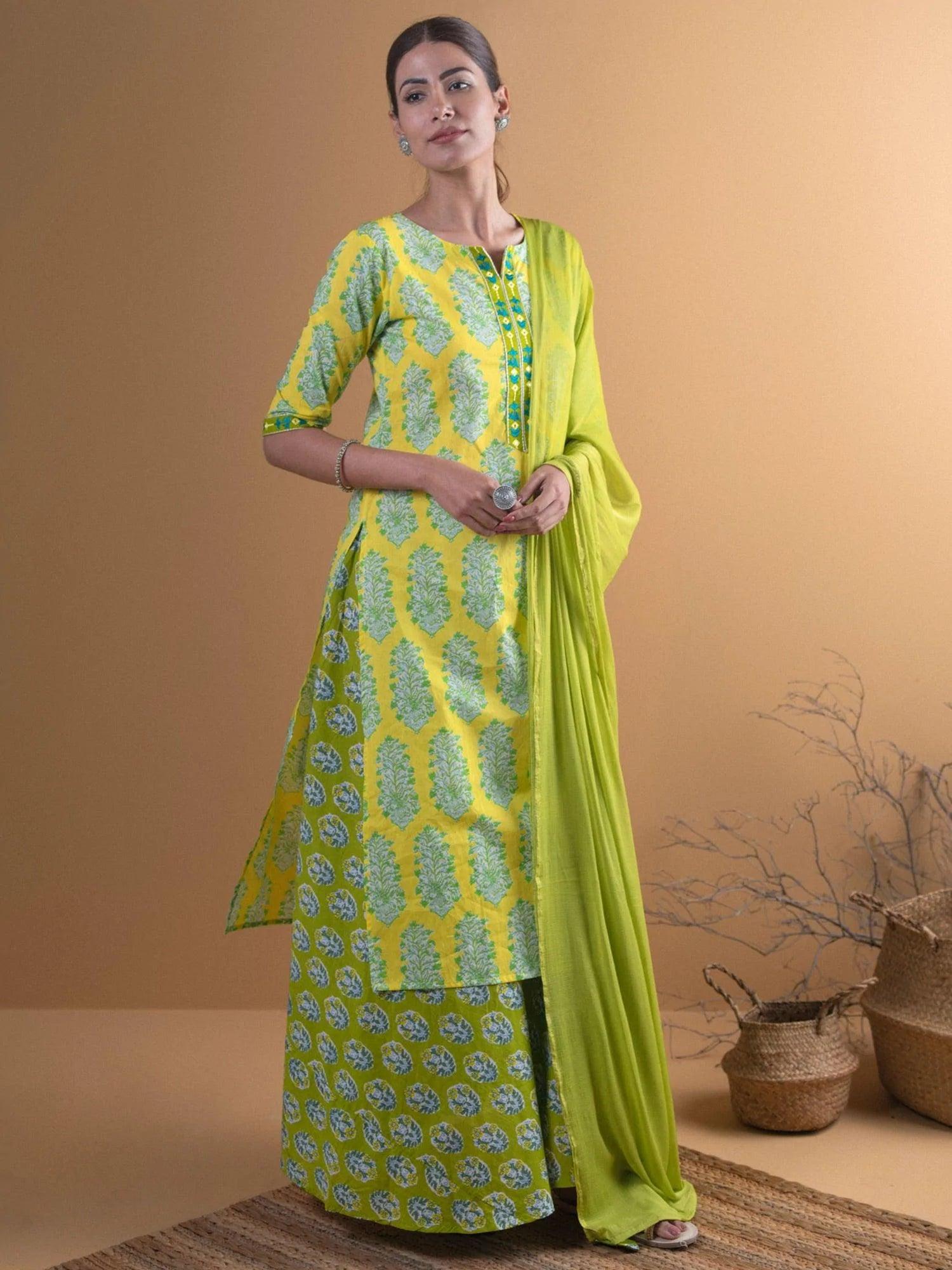 Green Printed Cotton Suit Set