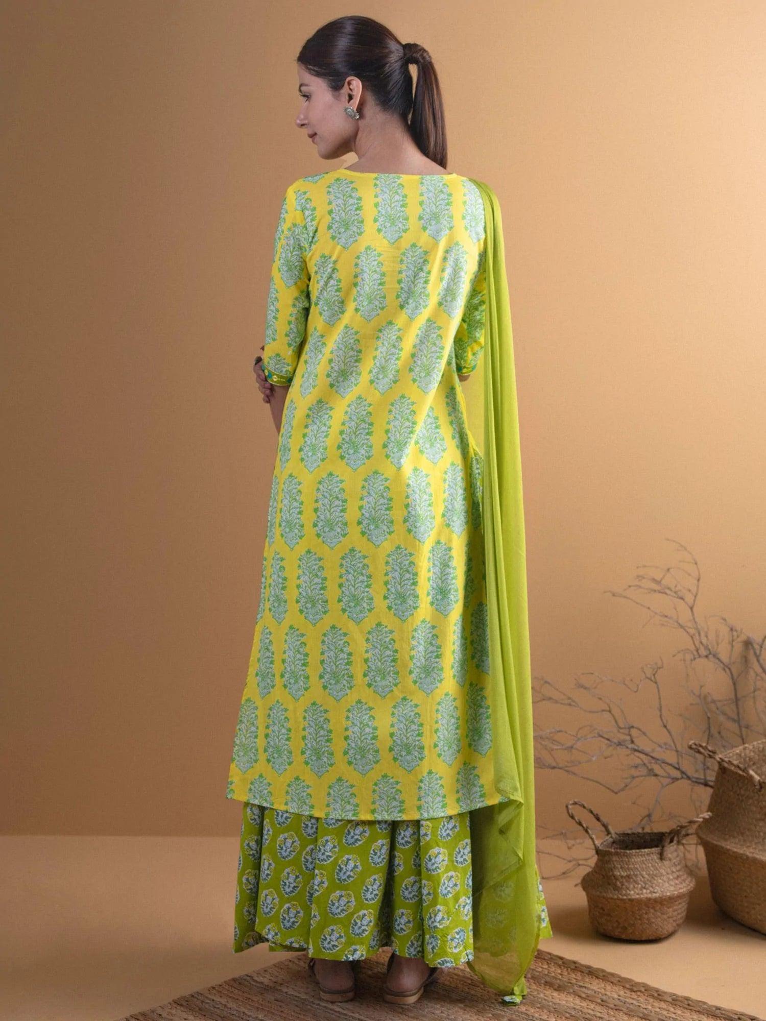 Green Printed Cotton Suit Set